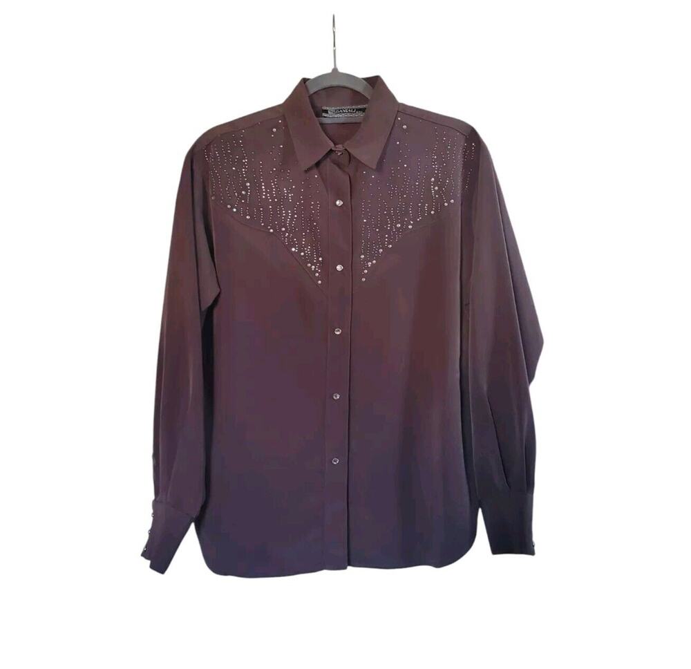 Daniali USA Brown/Green Western Bling Crystal Snap Show Shirt, Women's Medium